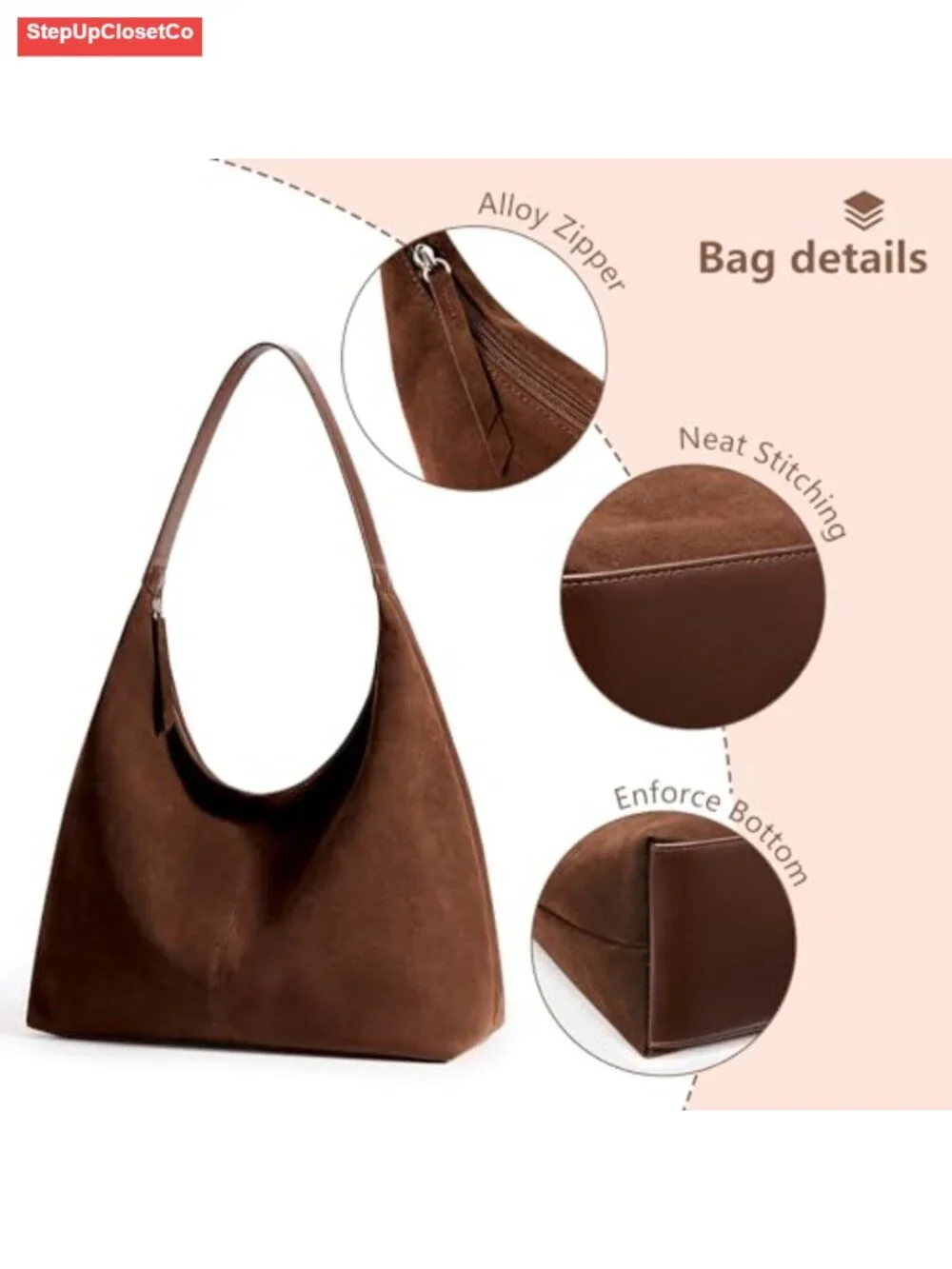 Vegan Leather Slouchy Hobo Tote Bag with Zipper Closure